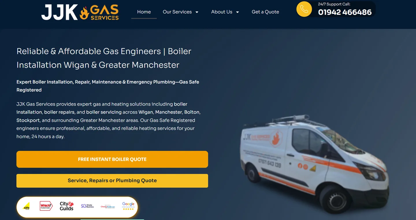 JJK Gas Services website with navy-and-yellow branding, a service van and boiler-quote buttons.
