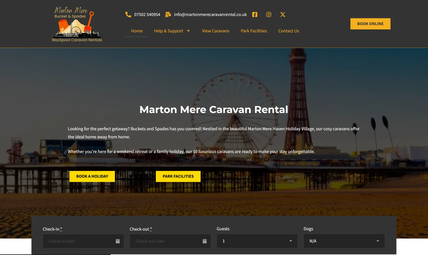 Buckets and Spades caravan-rental website showing Blackpool seafront imagery and holiday date-search controls.