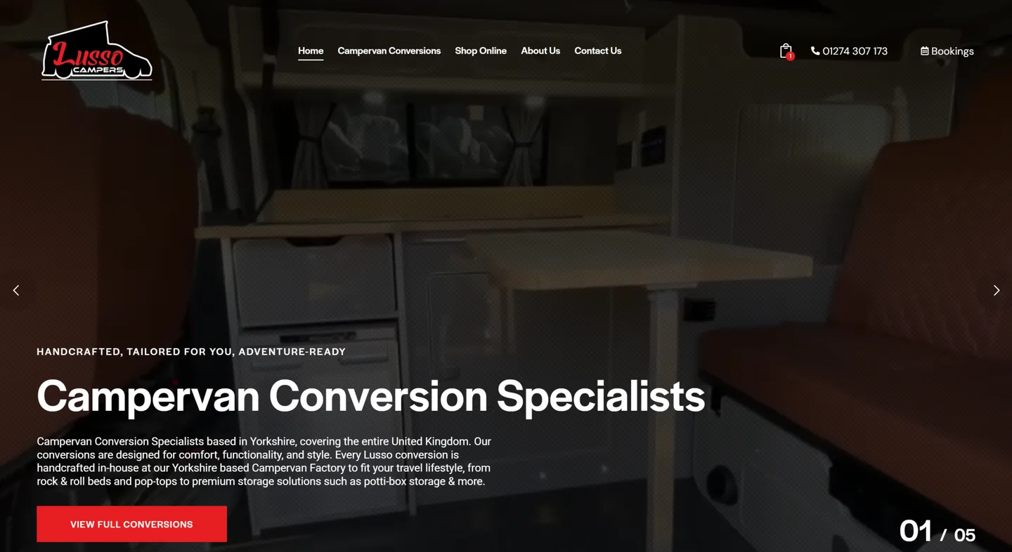 Lusso Campers website showing campervan conversion photography and service navigation.