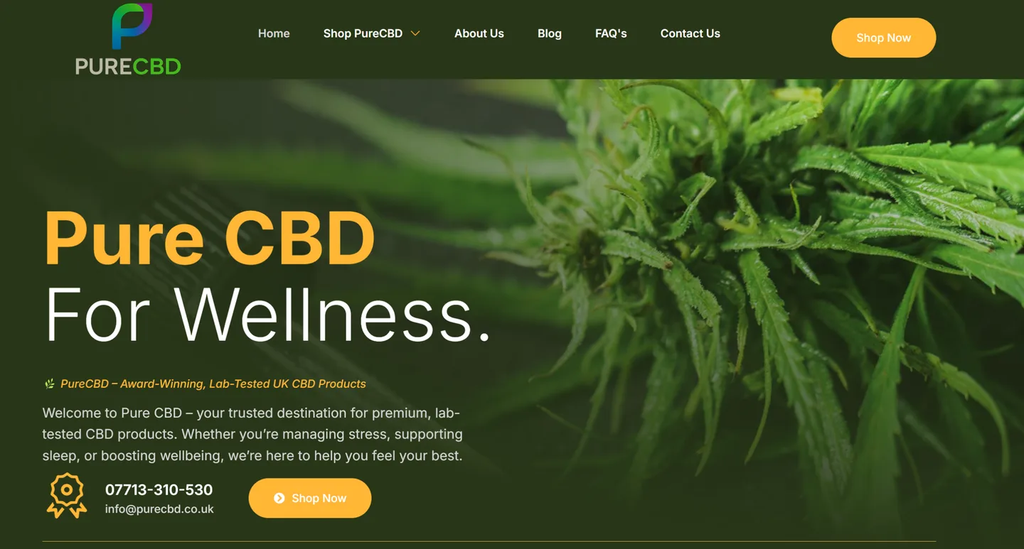 PureCBD ecommerce website with green-and-gold branding and shop navigation.