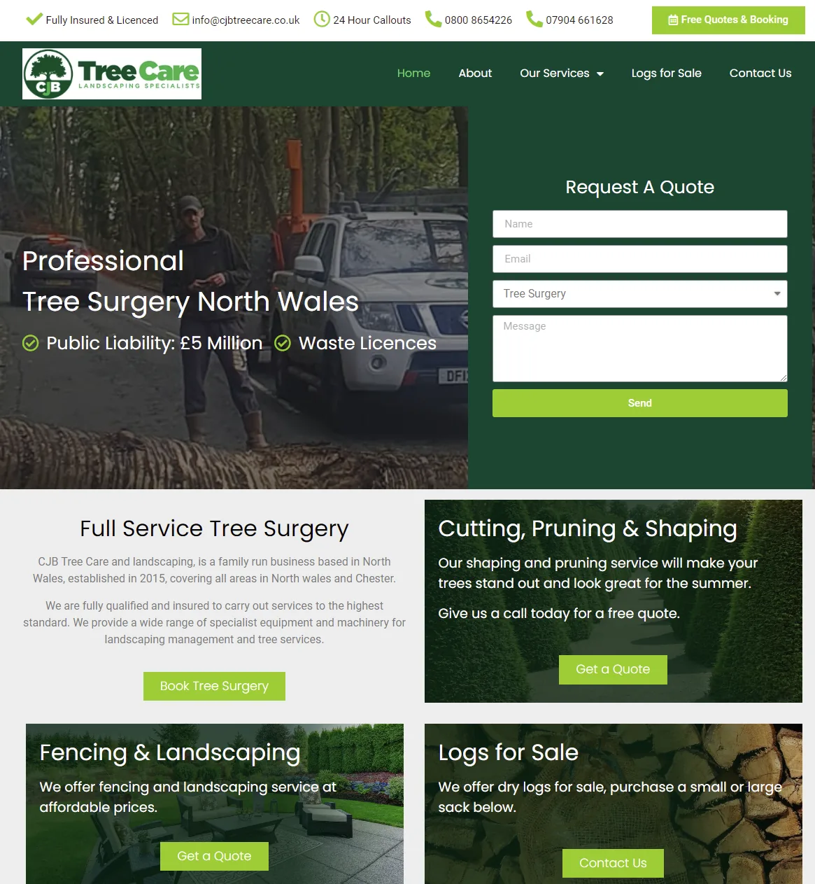 CJB Tree Surgery website showing tree-care services and a prominent request-a-quote form.