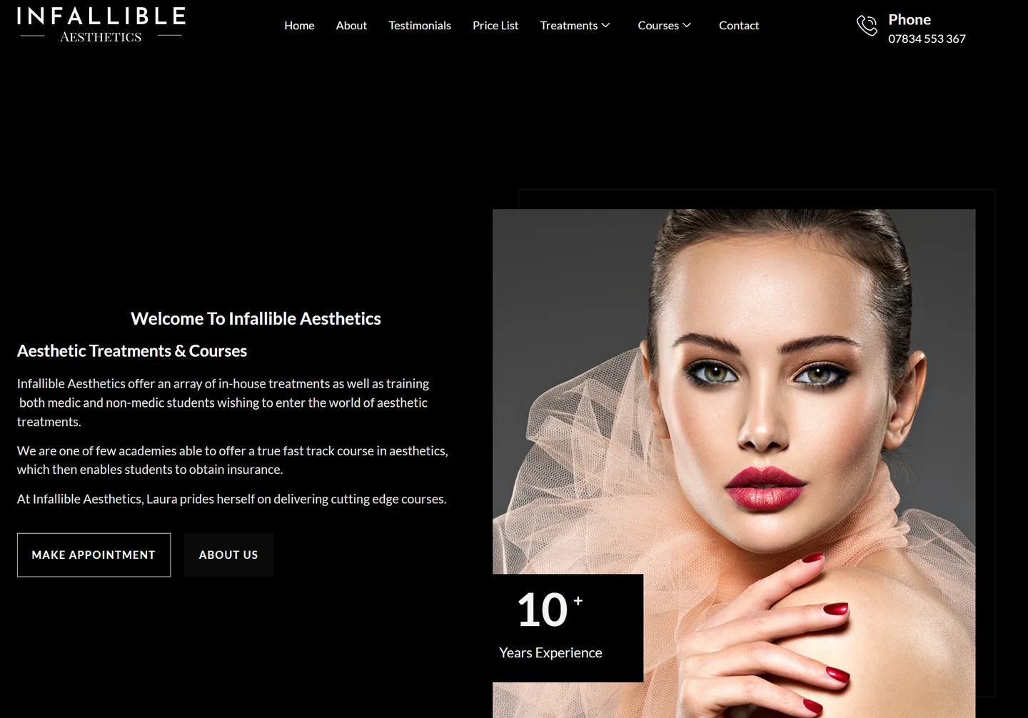 Infallible Aesthetics website with treatment and course information, a portrait and an appointment button.