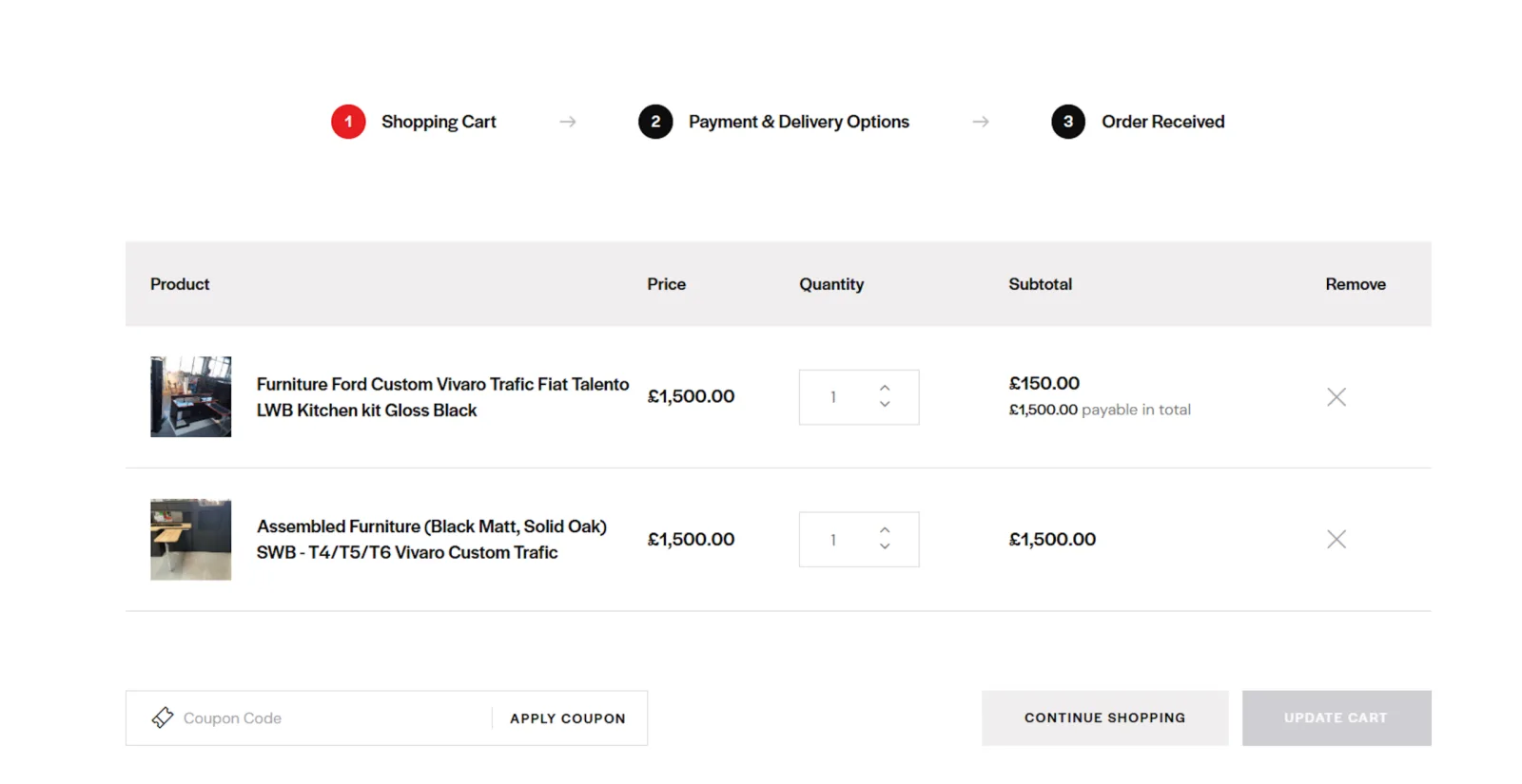 Lusso Campers staged shopping cart with product choices, quantity controls and checkout steps