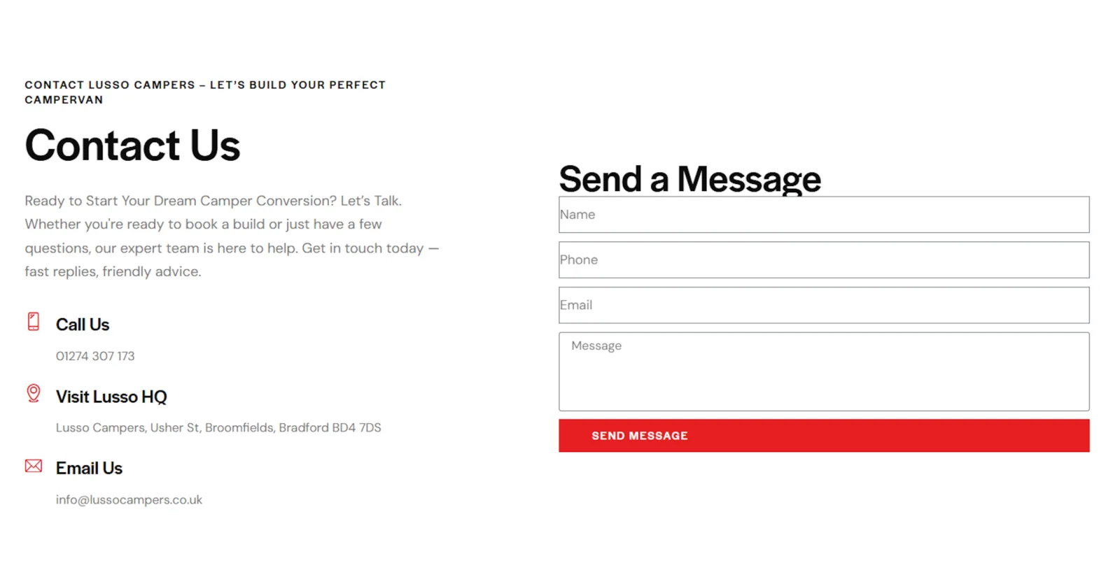 Lusso Campers contact page with an enquiry form for campervan conversion customers