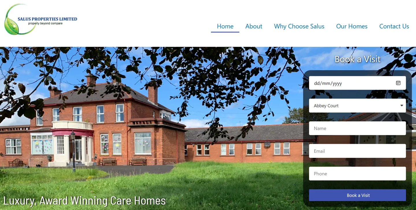 Salus Properties website showing a care-home building and a book-a-visit form.