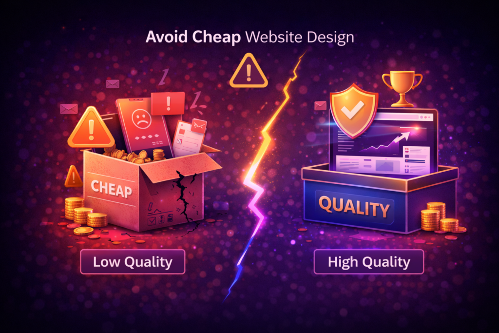 cheap website design vs professional website design comparison showing low vs high quality results