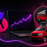 SmartyX SEO strategy illustration showing Kinmel Campers brand growth with analytics dashboard and rising organic search performance
