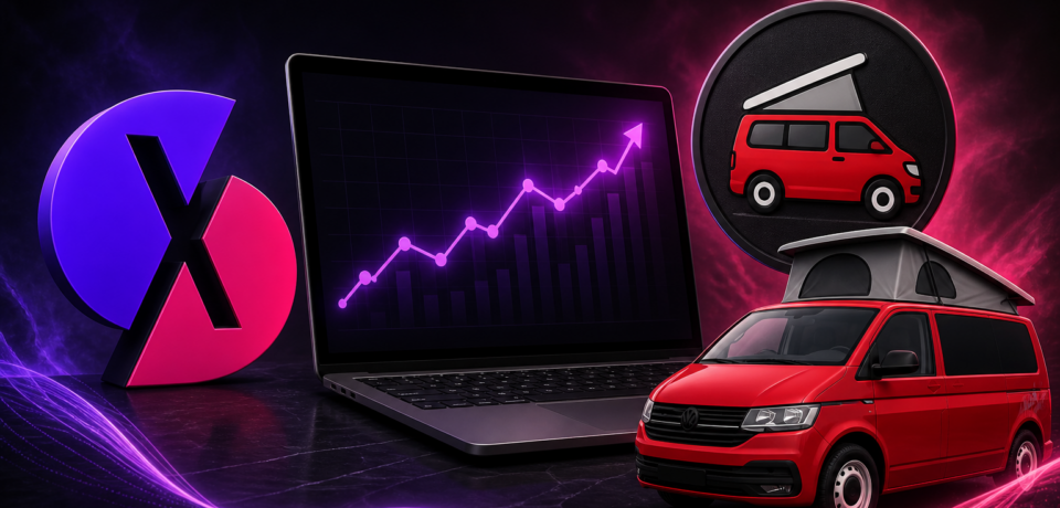SmartyX SEO strategy illustration showing Kinmel Campers brand growth with analytics dashboard and rising organic search performance