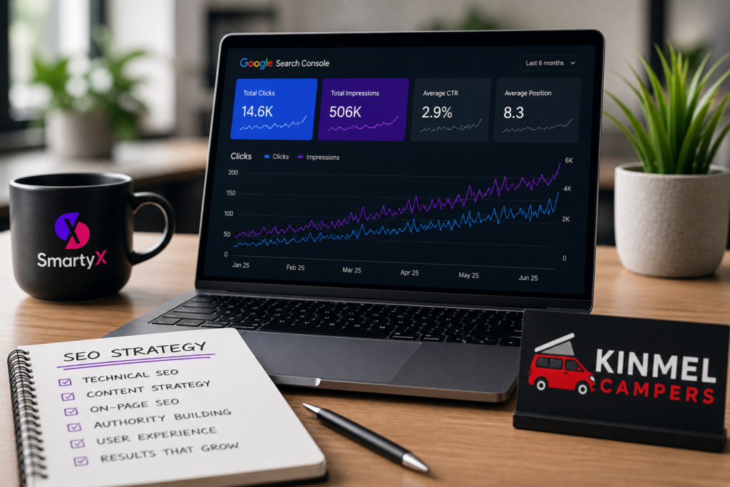 SmartyX SEO planning workspace showing analytics dashboard, technical SEO strategy, and Kinmel Campers organic growth campaign