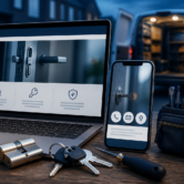 Locksmith website design concept showing a laptop and smartphone displaying locksmith service pages, with keys, lock tools and an open service van in the background