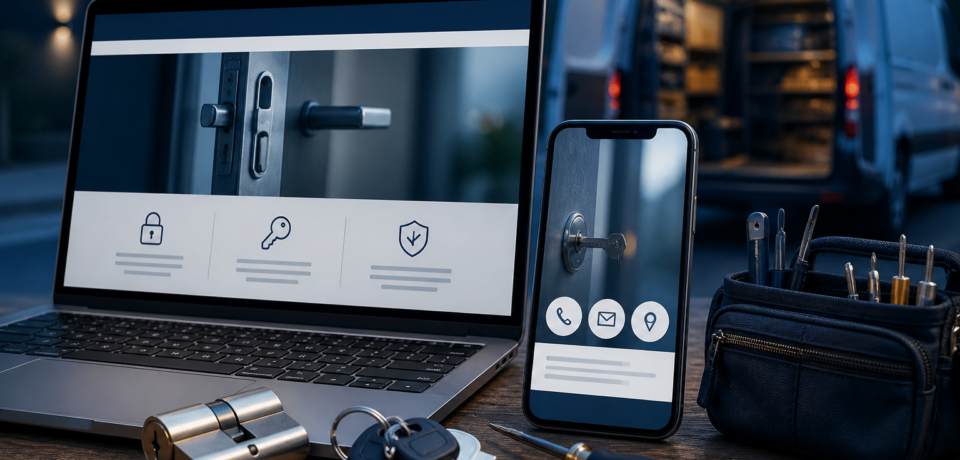 Locksmith website design concept showing a laptop and smartphone displaying locksmith service pages, with keys, lock tools and an open service van in the background