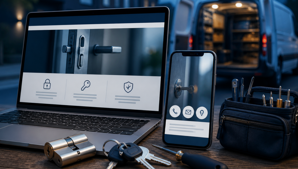 Locksmith website design concept showing a laptop and smartphone displaying locksmith service pages, with keys, lock tools and an open service van in the background