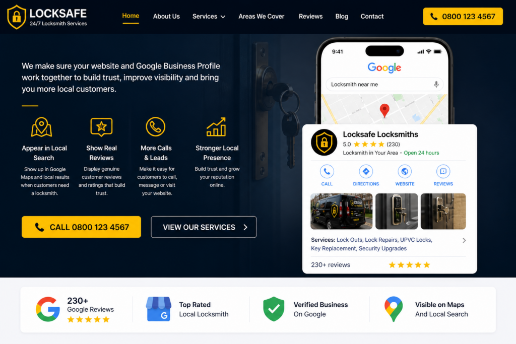 Locksmith website design Google Business Profile concept showing a mobile local search listing, reviews, map visibility and website call buttons for a locksmith business.