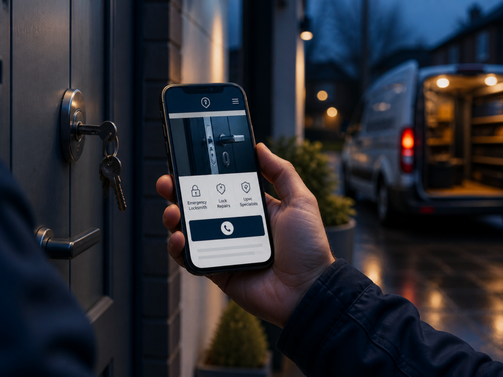 Professional locksmith at a customer’s door showing a tablet with service information and reviews beside a branded van.