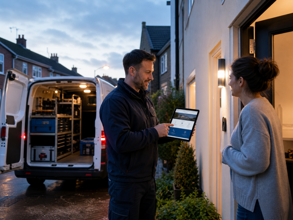 Locksmith website design concept showing a professional locksmith at a customer’s front door with a service van and tablet during an evening callout.