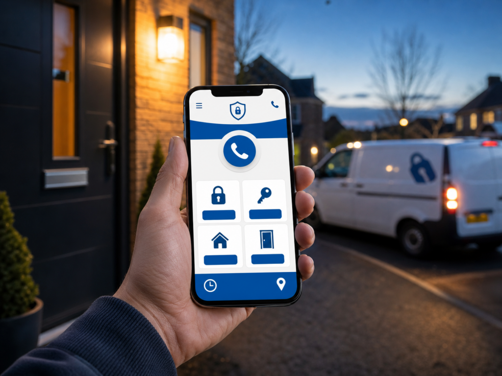 Mobile-first locksmith website design concept showing a smartphone with a clear call button in front of a home and locksmith van during an evening emergency visit.