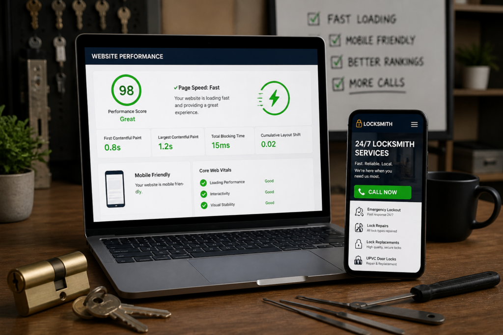 Locksmith website design performance concept showing a fast-loading website dashboard on a laptop and a mobile locksmith service page with call button.