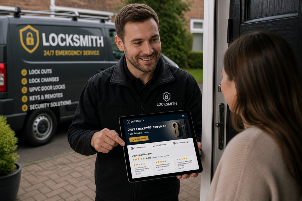 Locksmith website design trust signals concept showing a professional locksmith presenting customer reviews and service details on a tablet at a homeowner’s front door.