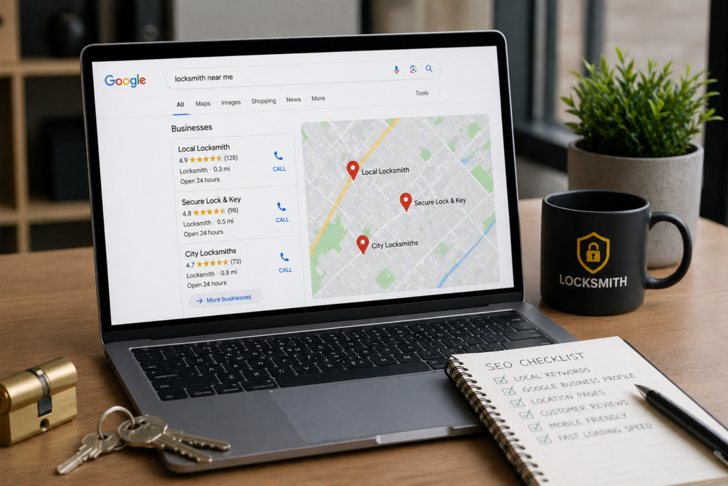 Locksmith website design local SEO concept showing search results for a locksmith near me query, map listings, reviews and an SEO checklist on a desk.