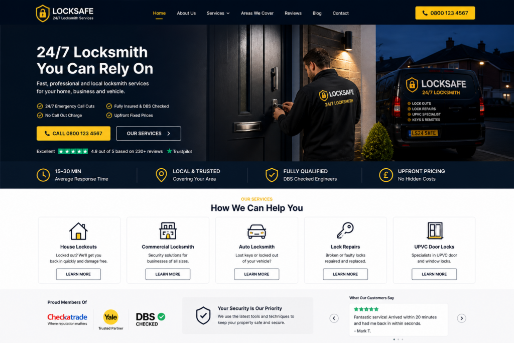 Locksmith website design service pages concept showing a modern locksmith homepage with separate sections for emergency lockouts, lock repairs, commercial locksmith work and UPVC door locks.