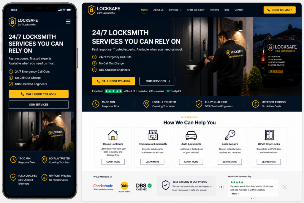 Locksmith website design responsive layout showing mobile and desktop versions of a professional locksmith website with service cards, trust signals and click-to-call buttons.