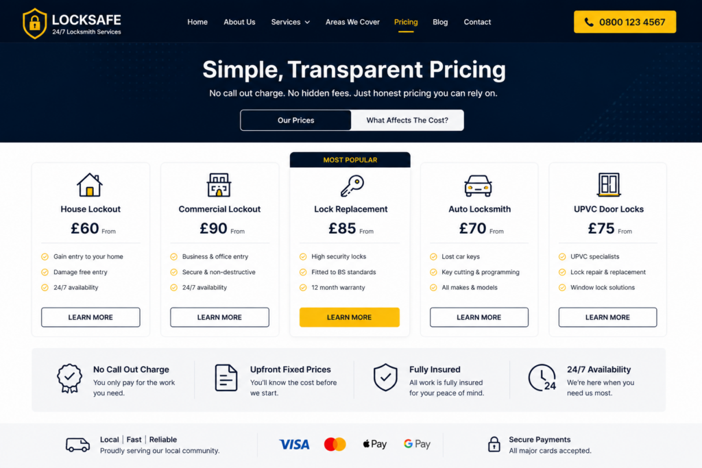 Locksmith website design pricing page concept showing transparent service prices, trust signals, payment options and clear conversion buttons for locksmith customers.
